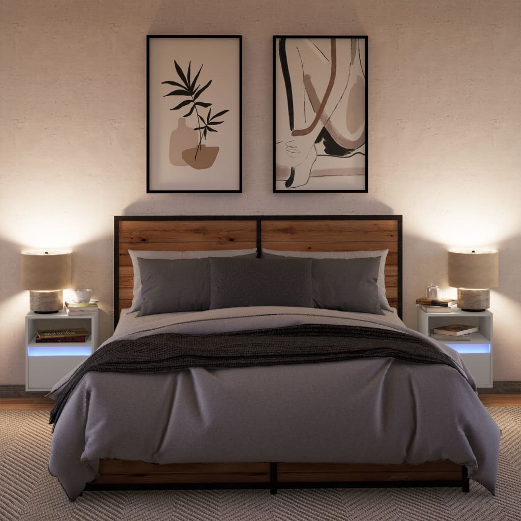 White Wall-Mounted Bedside Cabinets with LED Lights - 2 Pieces