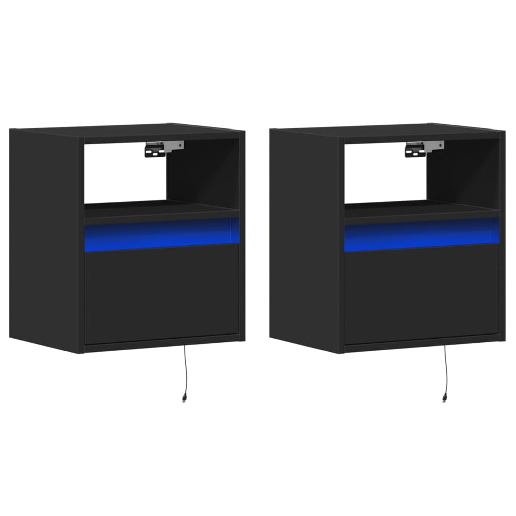 Black Wall-Mounted Bedside Cabinets with LED Lights, Set of 2