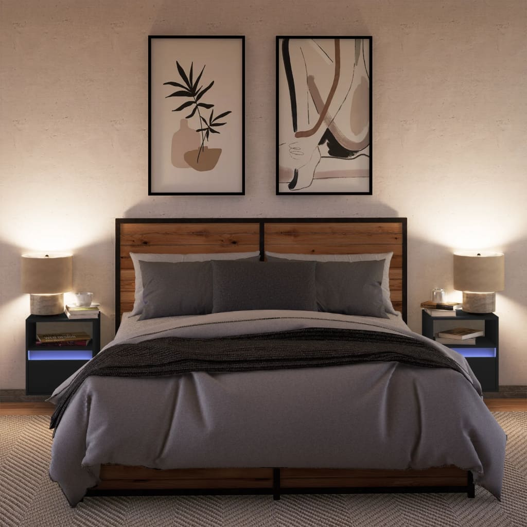 Black Wall-Mounted Bedside Cabinets with LED Lights, Set of 2