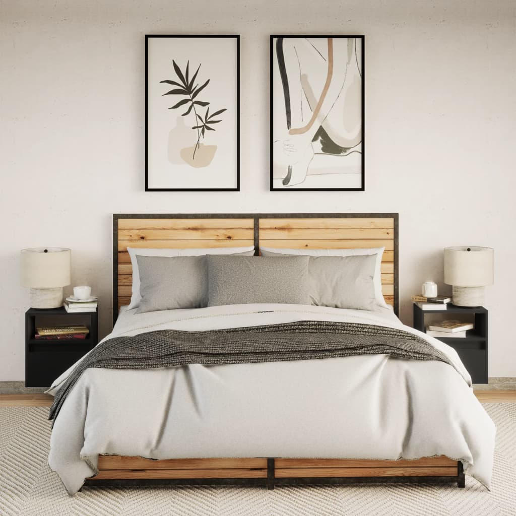Black Wall-Mounted Bedside Cabinets with LED Lights, Set of 2