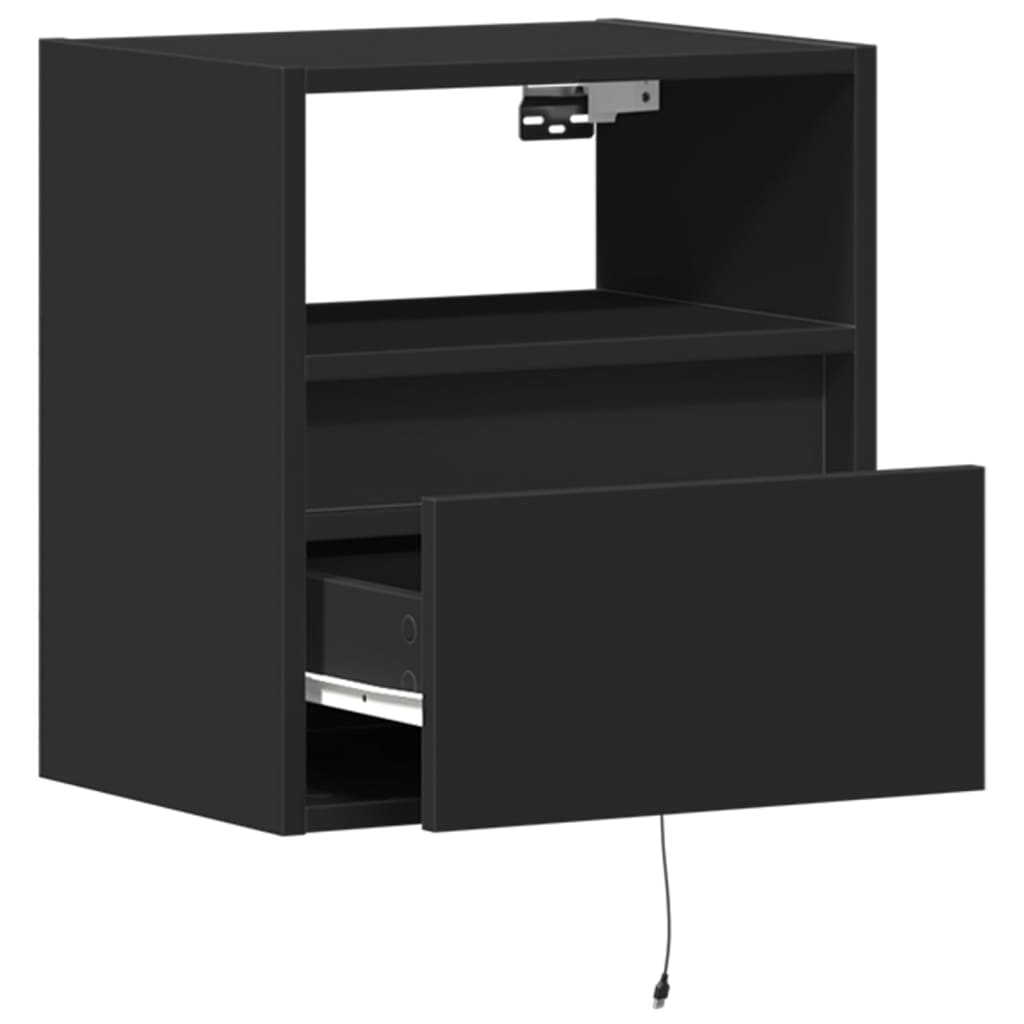 Black Wall-Mounted Bedside Cabinets with LED Lights, Set of 2