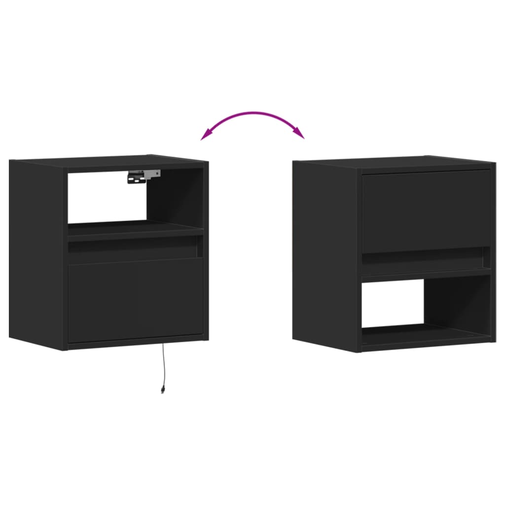 Black Wall-Mounted Bedside Cabinets with LED Lights, Set of 2