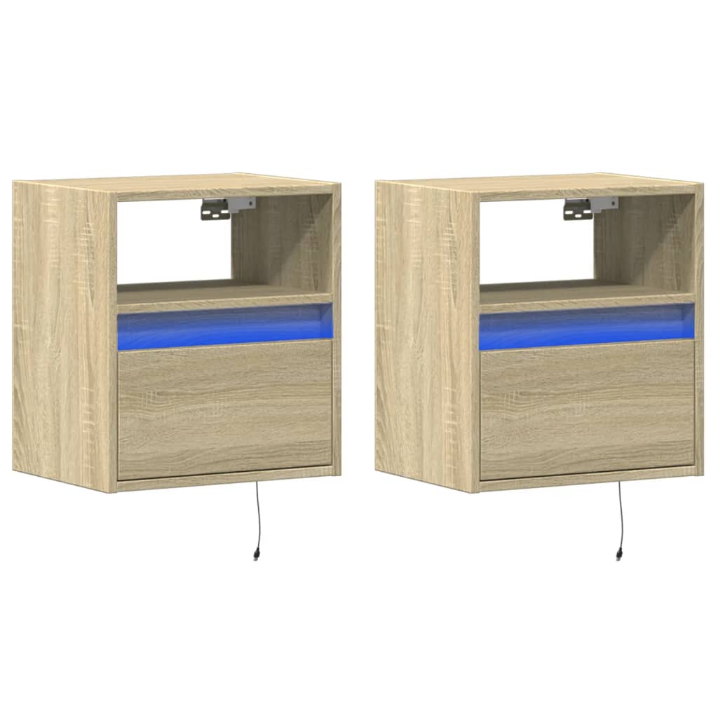 Sonoma Oak Wall-Mounted Bedside Cabinets with LED Lights, 2pcs