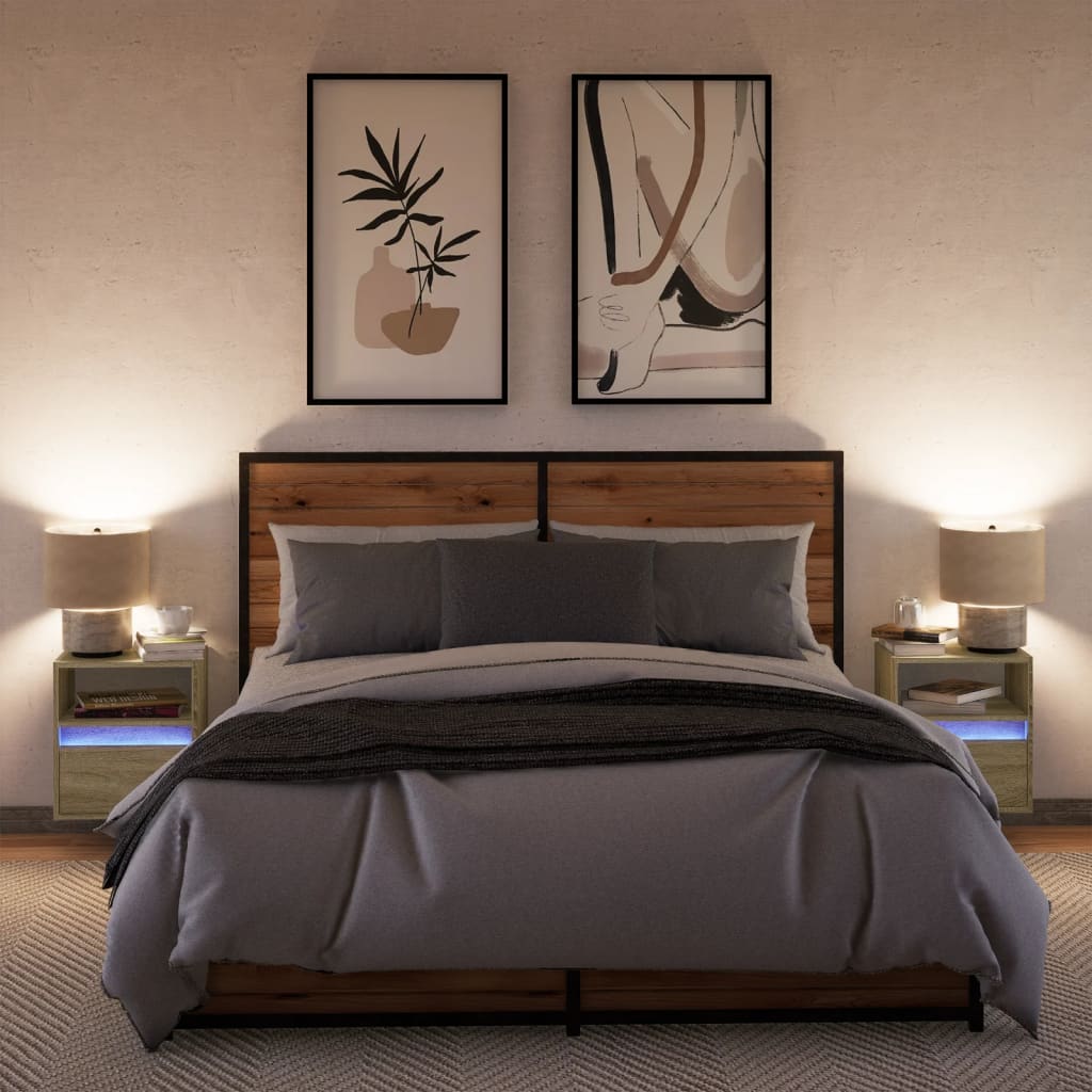 Sonoma Oak Wall-Mounted Bedside Cabinets with LED Lights, 2pcs