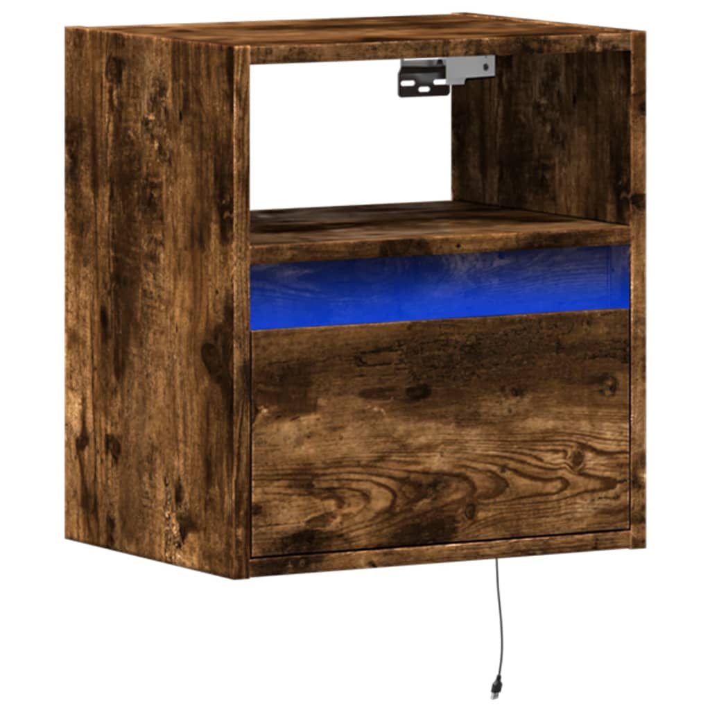 Wall-mounted Smoked Oak Bedside Cabinet with LED Lights