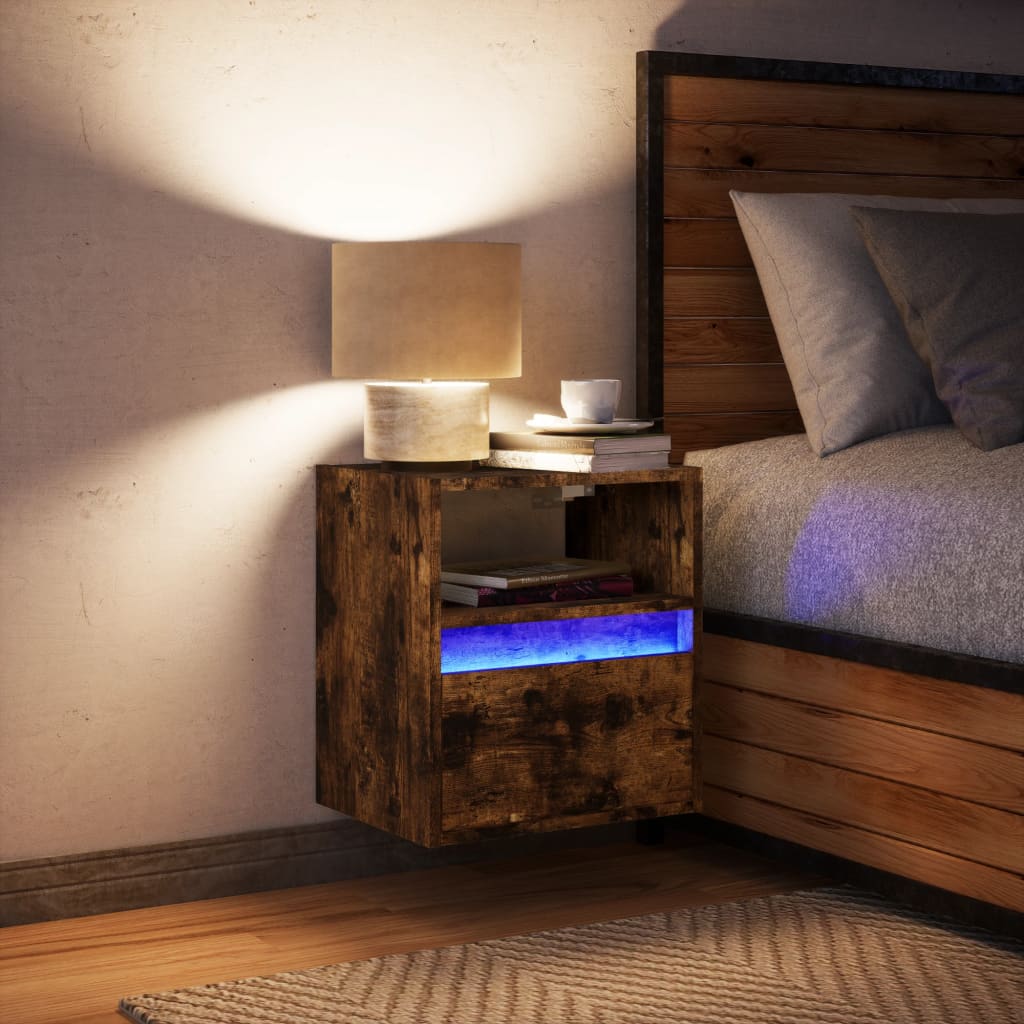 Wall-mounted Smoked Oak Bedside Cabinet with LED Lights