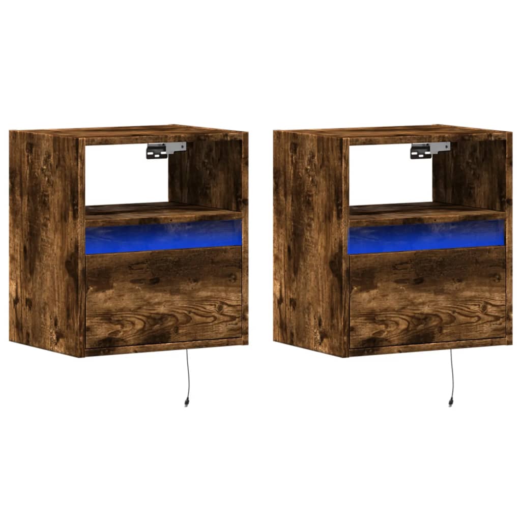 Smoked Oak LED Wall-Mounted Bedside Cabinets, Set of 2