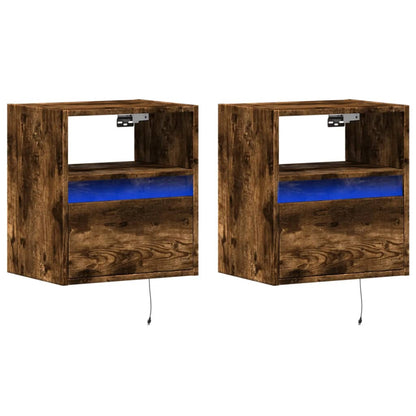 Smoked Oak LED Wall-Mounted Bedside Cabinets, Set of 2