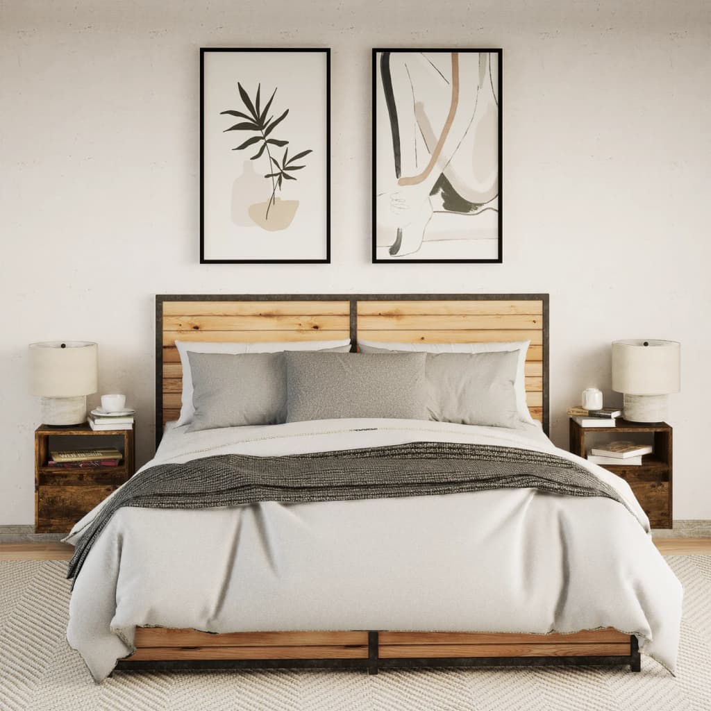 Smoked Oak LED Wall-Mounted Bedside Cabinets, Set of 2