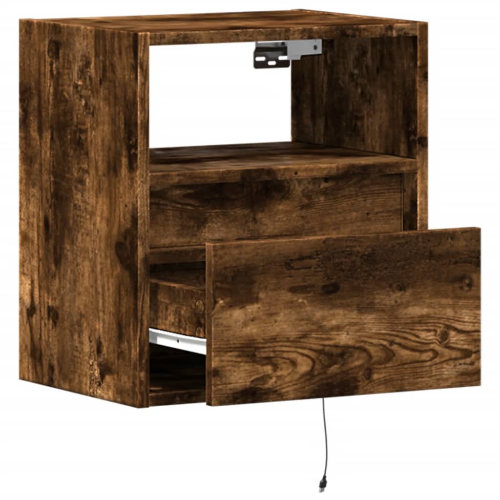 Smoked Oak LED Wall-Mounted Bedside Cabinets, Set of 2