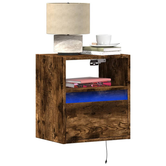 Smoked Oak LED Wall-Mounted Bedside Cabinets, Set of 2