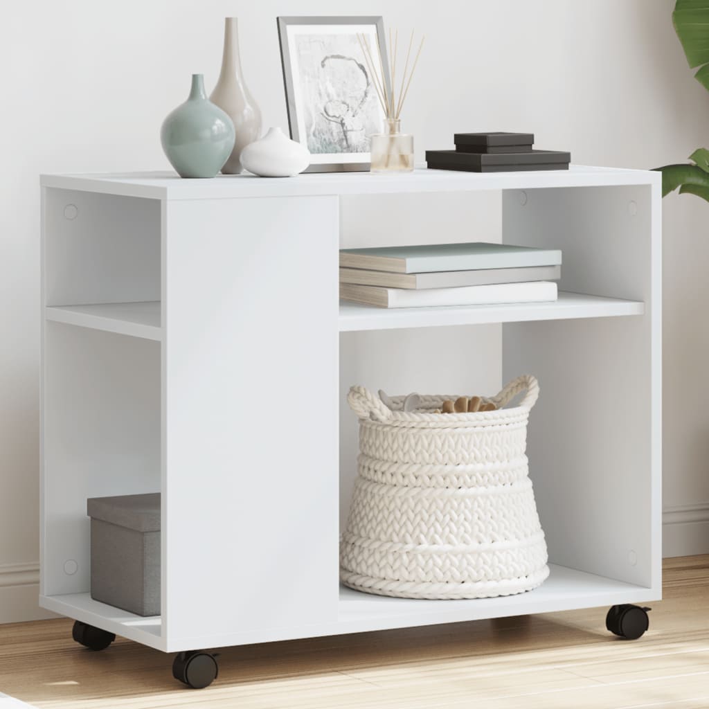 White Engineered Wood Side Table with Wheels, 70x35x60 cm