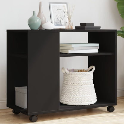 Black Engineered Wood Side Table with Wheels - 70x35x60 cm