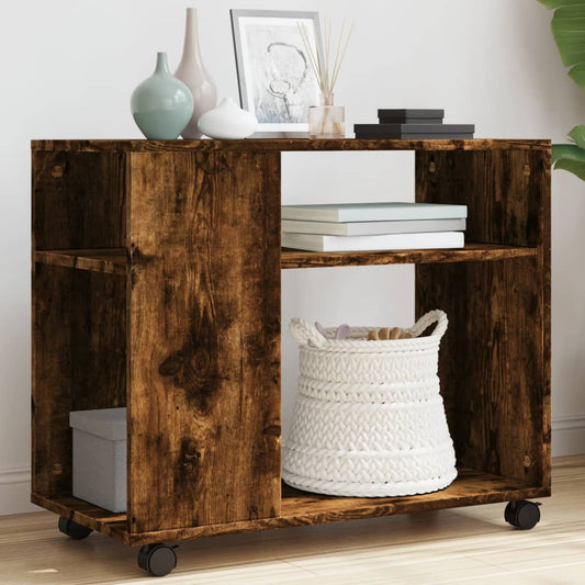 Smoked Oak Side Table on Wheels - 70x35x60 cm, Engineered Wood