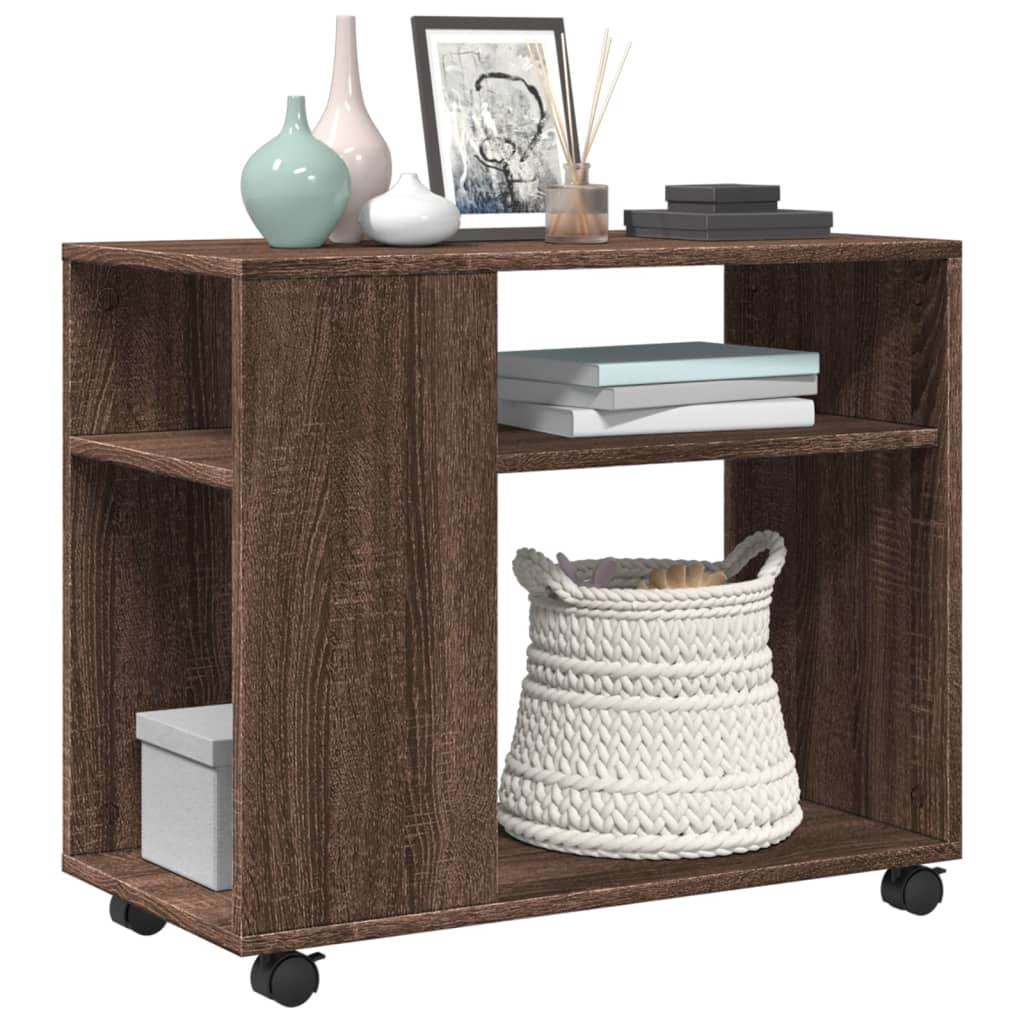 Brown Oak Side Table with Wheels - 70x35x60cm Engineered Wood