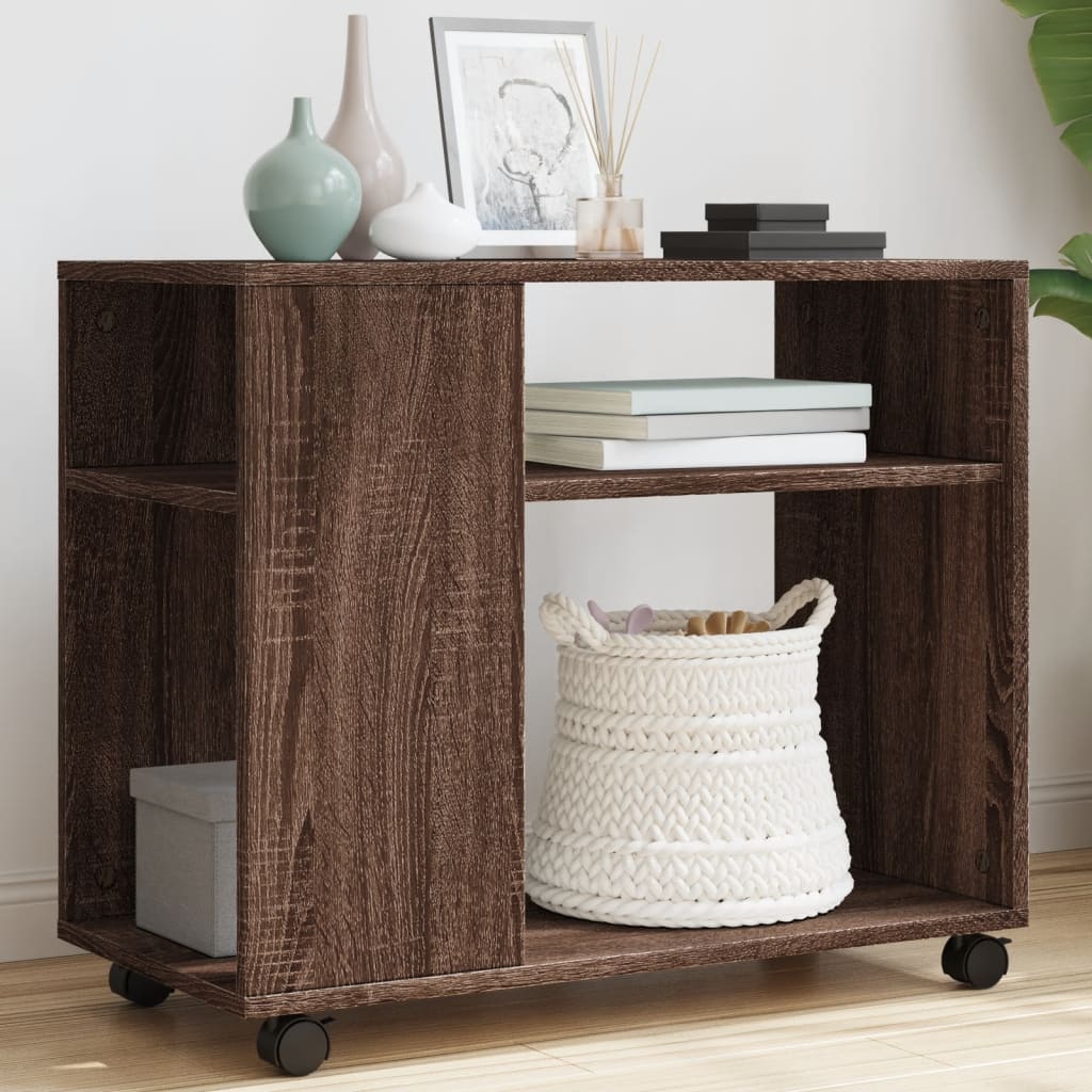 Brown Oak Side Table with Wheels - 70x35x60cm Engineered Wood