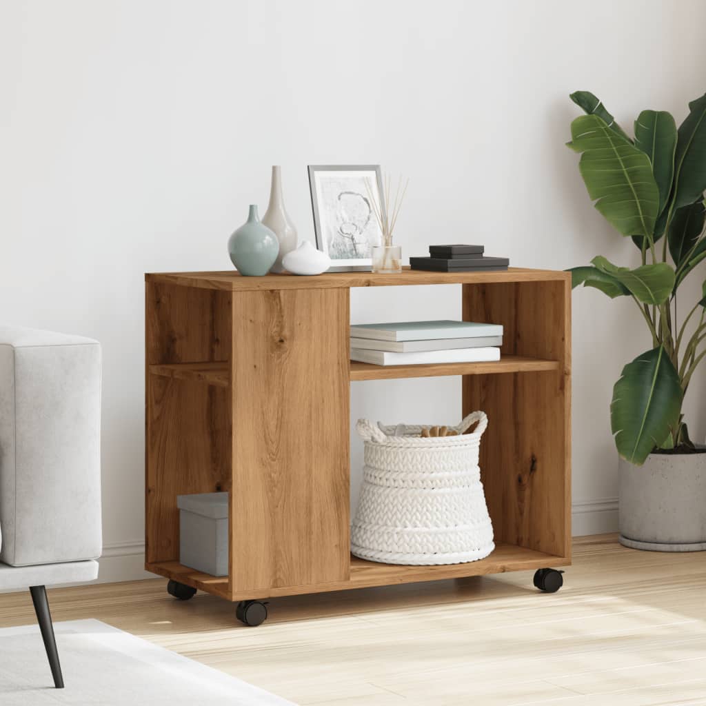 Artisian Oak Side Table with Wheels, 70x35x60 cm, Engineered Wood