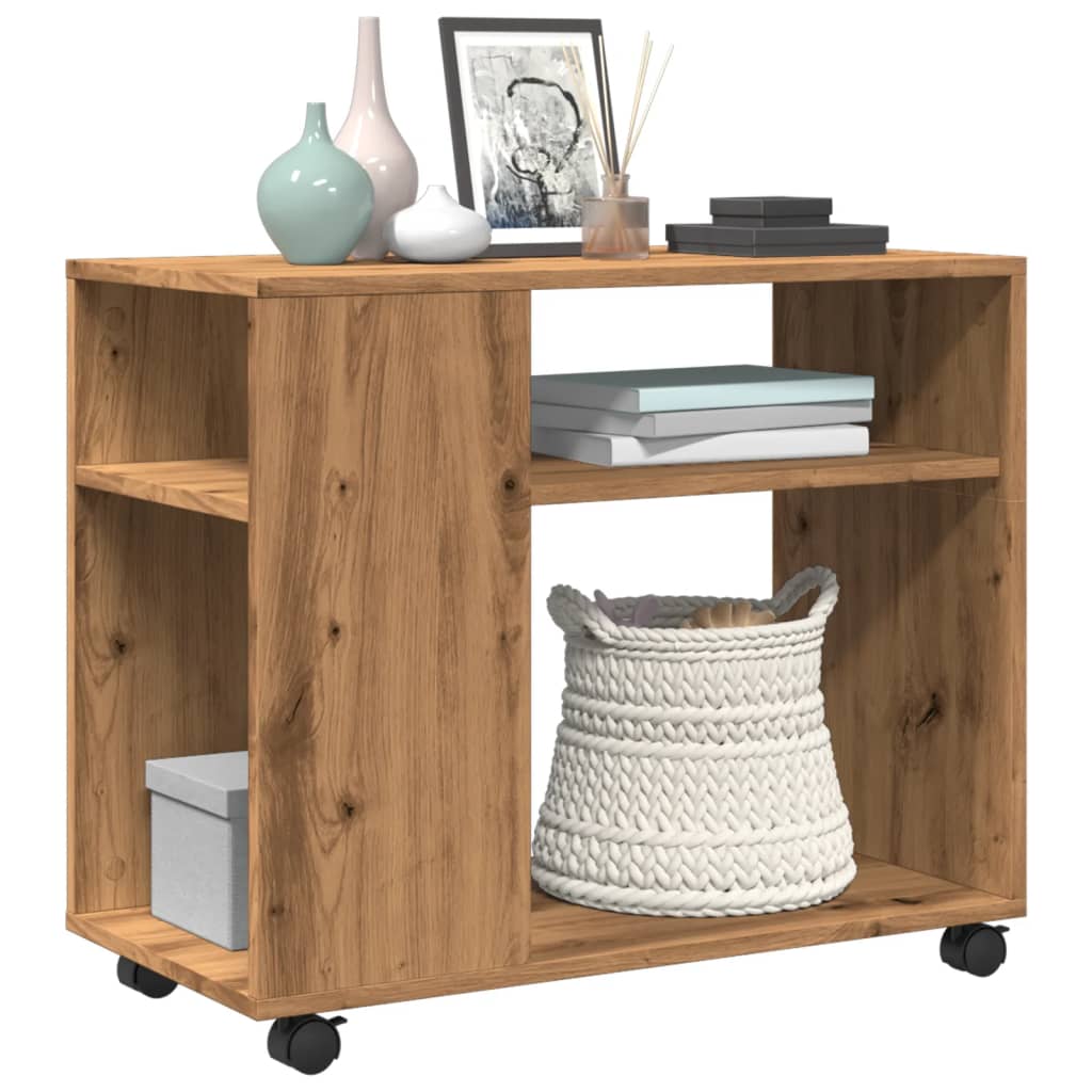 Artisian Oak Side Table with Wheels, 70x35x60 cm, Engineered Wood