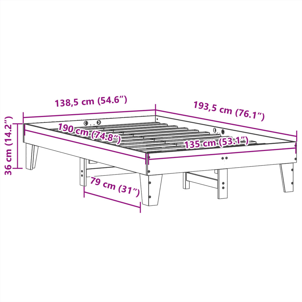 White Solid Pine Wood Double Bed Frame 135x190 cm (No Mattress)