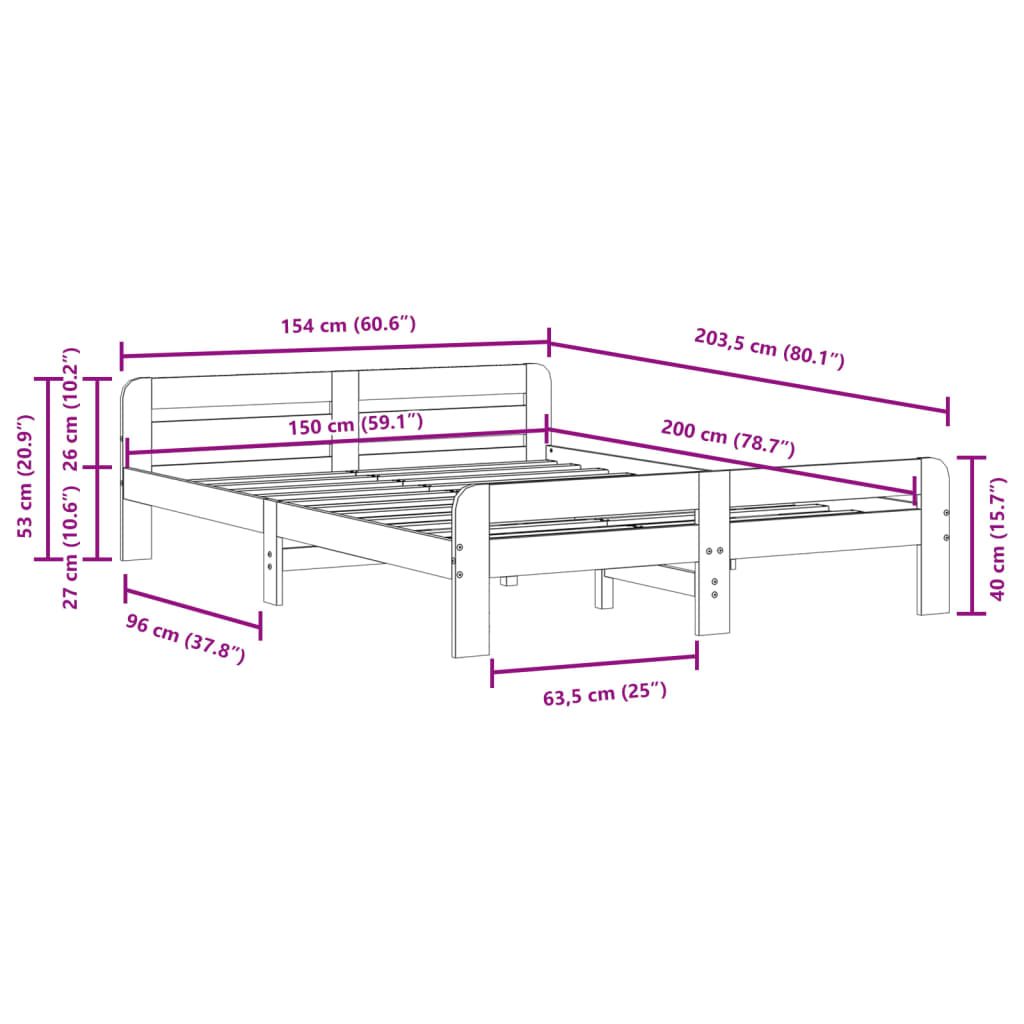 King Size Solid Pine Bed Frame 150x200 cm - White Finish
