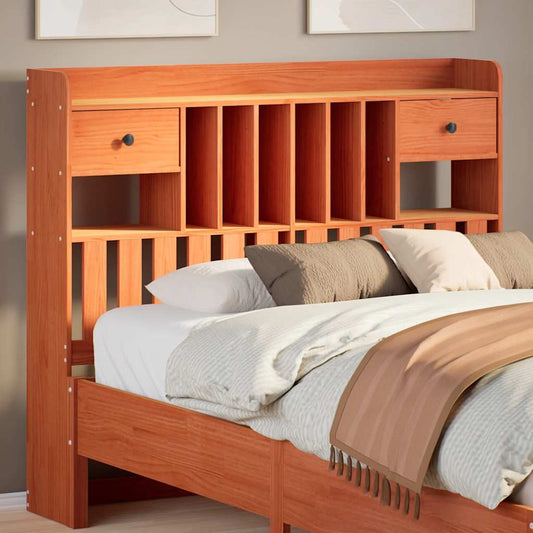 Solid Pine Wood Headboard with Storage, 135cm, Wax Brown Finish