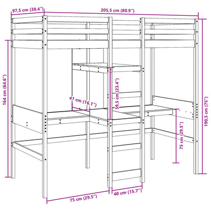 Loft Bed Frame with Desk and Shelves 90x200cm Solid Wood Pine