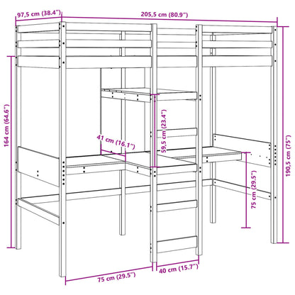Loft Bed Frame with Desk and Shelves White 90x200cm Solid Wood Pine