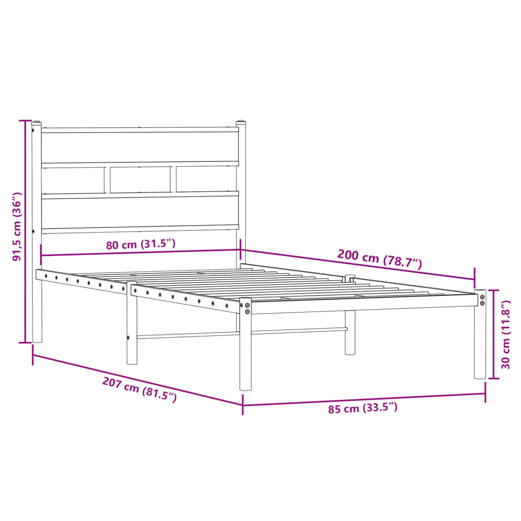 Smoked Oak Metal Bed Frame 80x200 cm - No Mattress Included