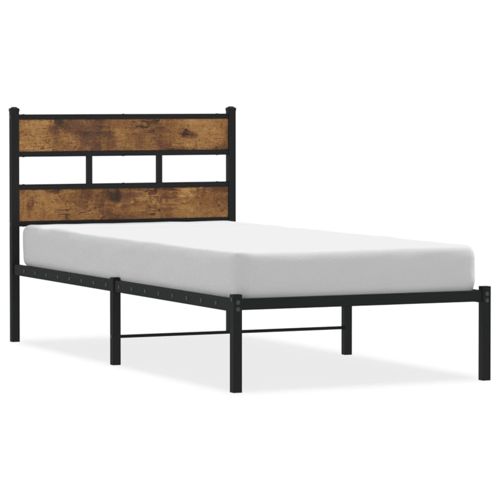 Single Metal Bed Frame, Smoked Oak Finish, 90x190 cm, No Mattress