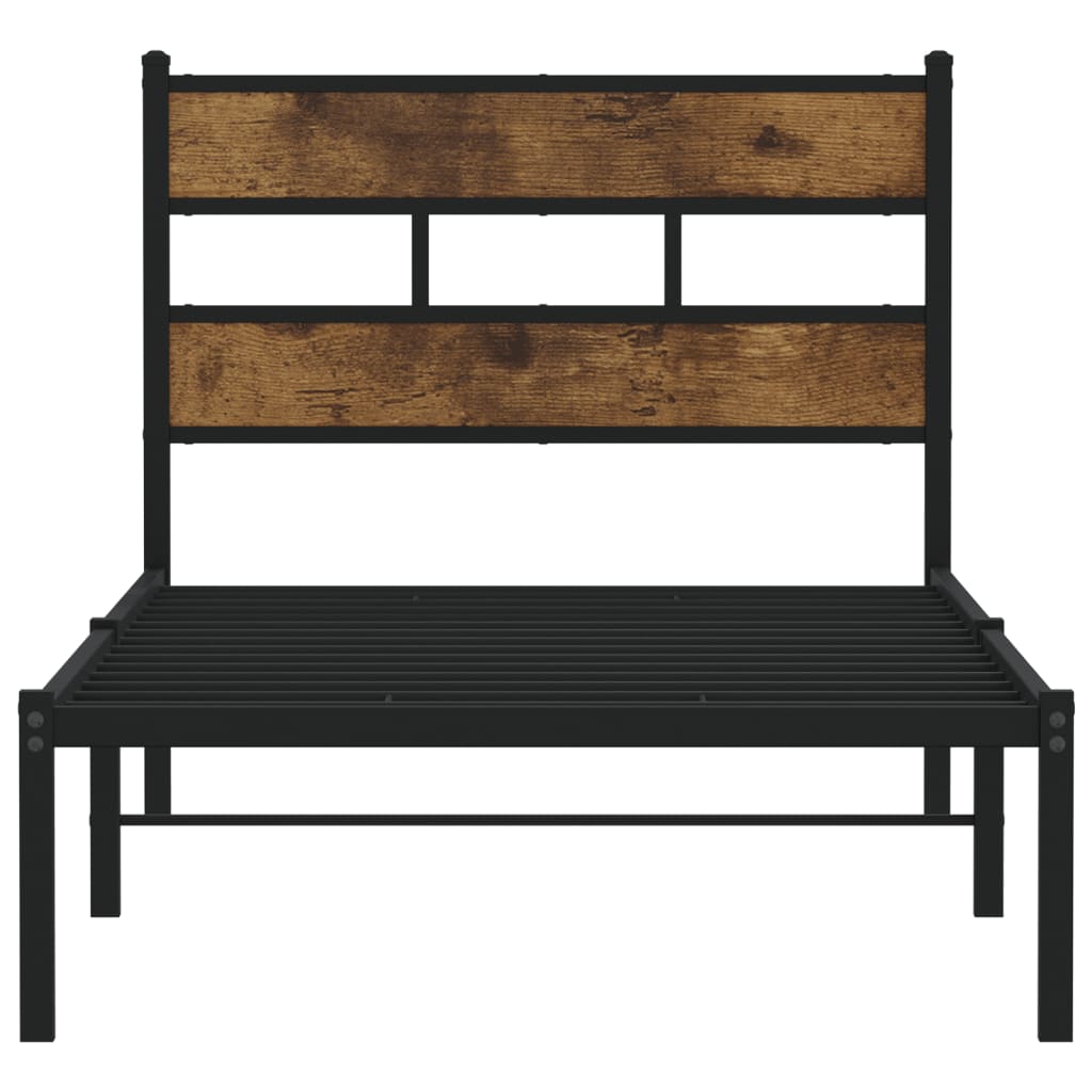 Single Metal Bed Frame, Smoked Oak Finish, 90x190 cm, No Mattress