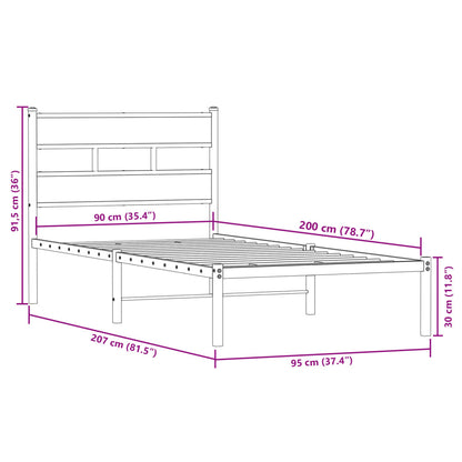 Smoked Oak Metal Bed Frame 90x200 cm – Mattress Not Included
