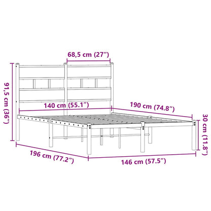 Smoked Oak Metal Bed Frame 140x190 cm - No Mattress Included
