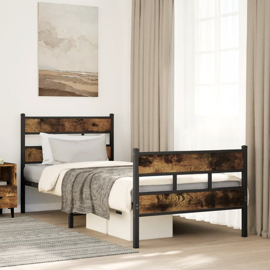 Smoked Oak Metal Bed Frame 90x200 cm - No Mattress Included