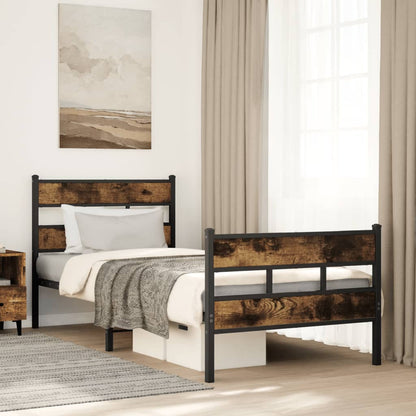 Smoked Oak Metal Bed Frame 100x190 cm - Durable & Stylish Design