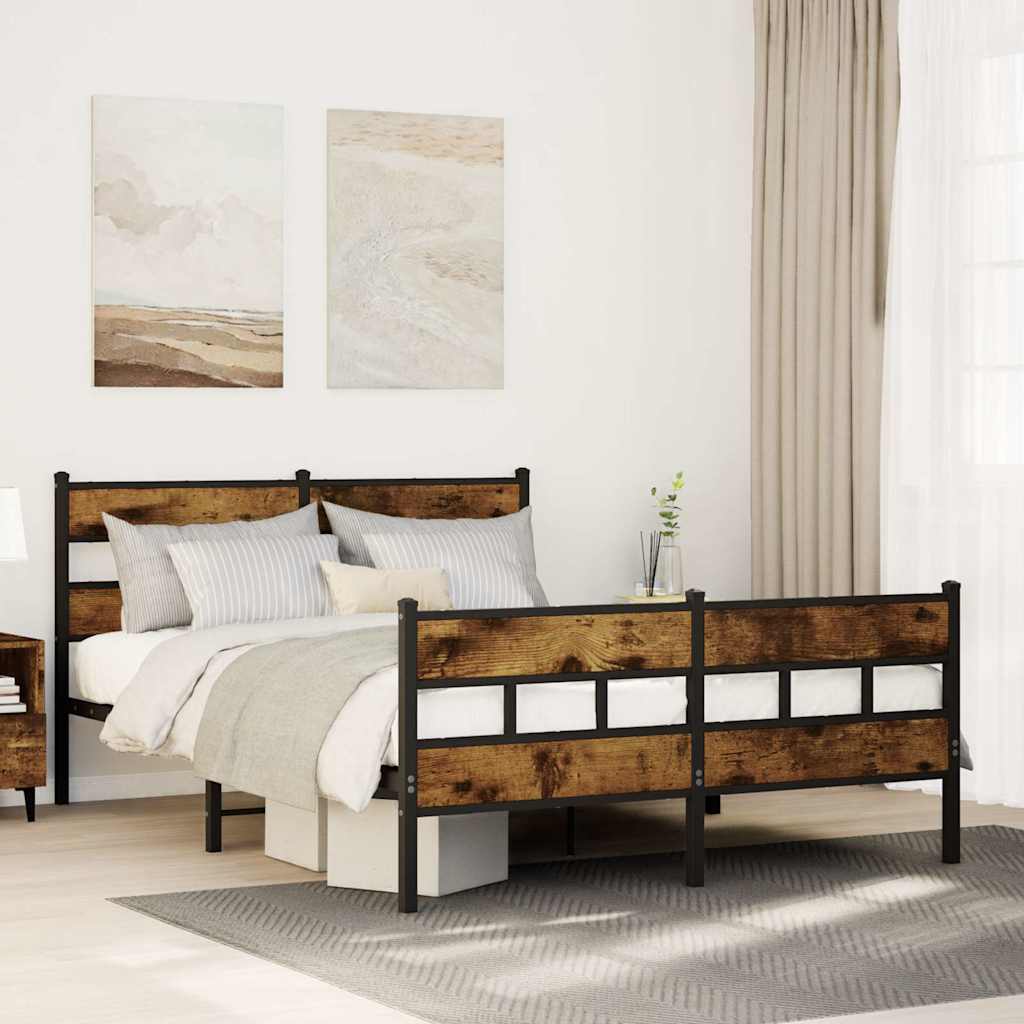 Smoked Oak Metal Bed Frame, 140x190 cm - Sleek, No Mattress Included