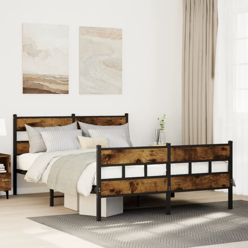 Smoked Oak 140x200 cm Metal Bed Frame - No Mattress Included
