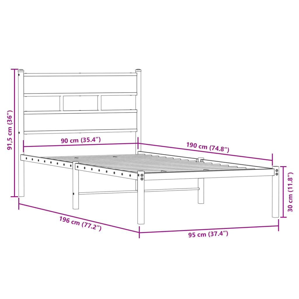 Sonoma Oak Metal Bed Frame 90x190 cm Single - No Mattress Included