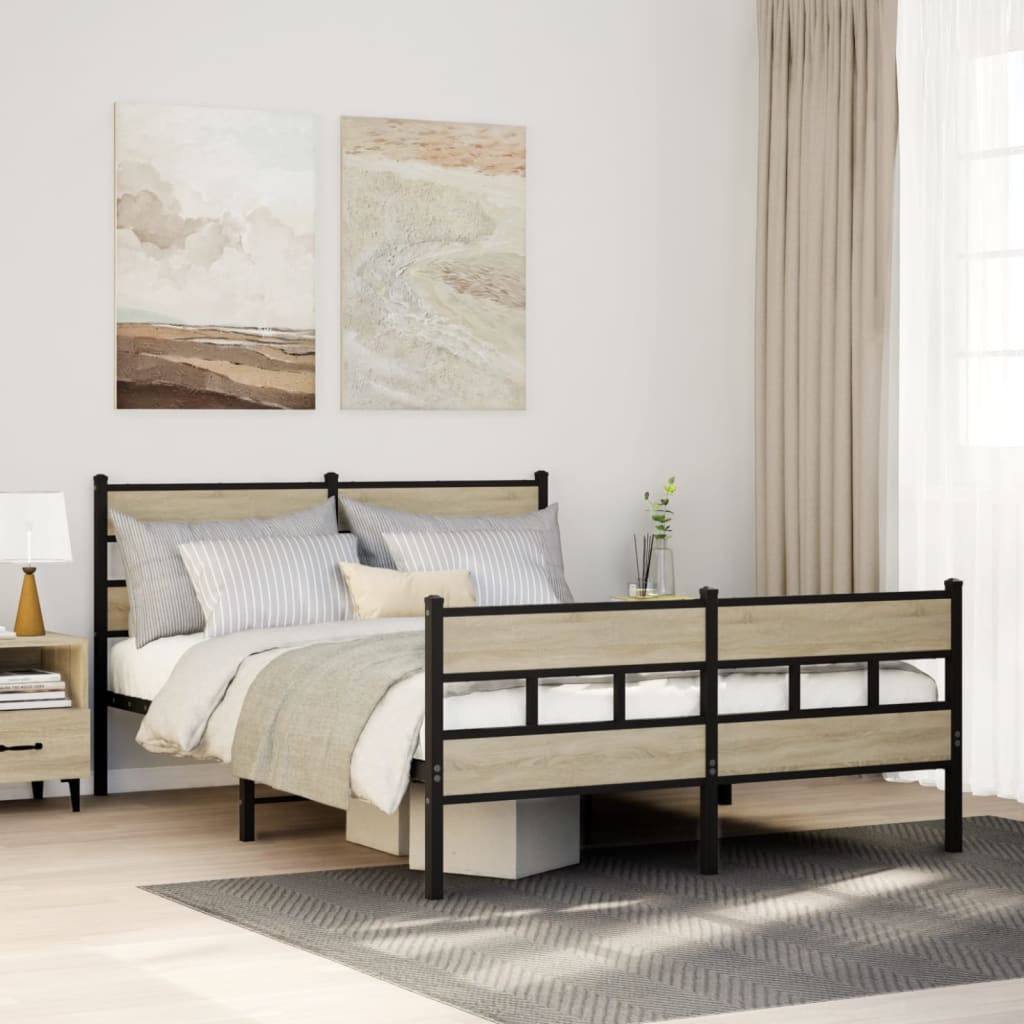 Sonoma Oak Metal Bed Frame 140x200 cm - Sturdy & Stylish Design