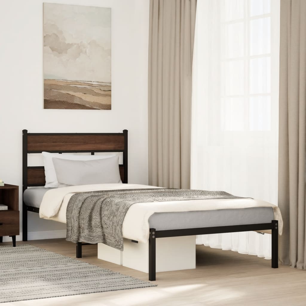 Brown Oak Single Bed Frame with Headboard - 90x190 cm, No Mattress