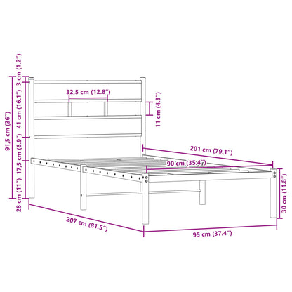 Brown Oak Bed Frame with Headboard - 90x200cm, No Mattress