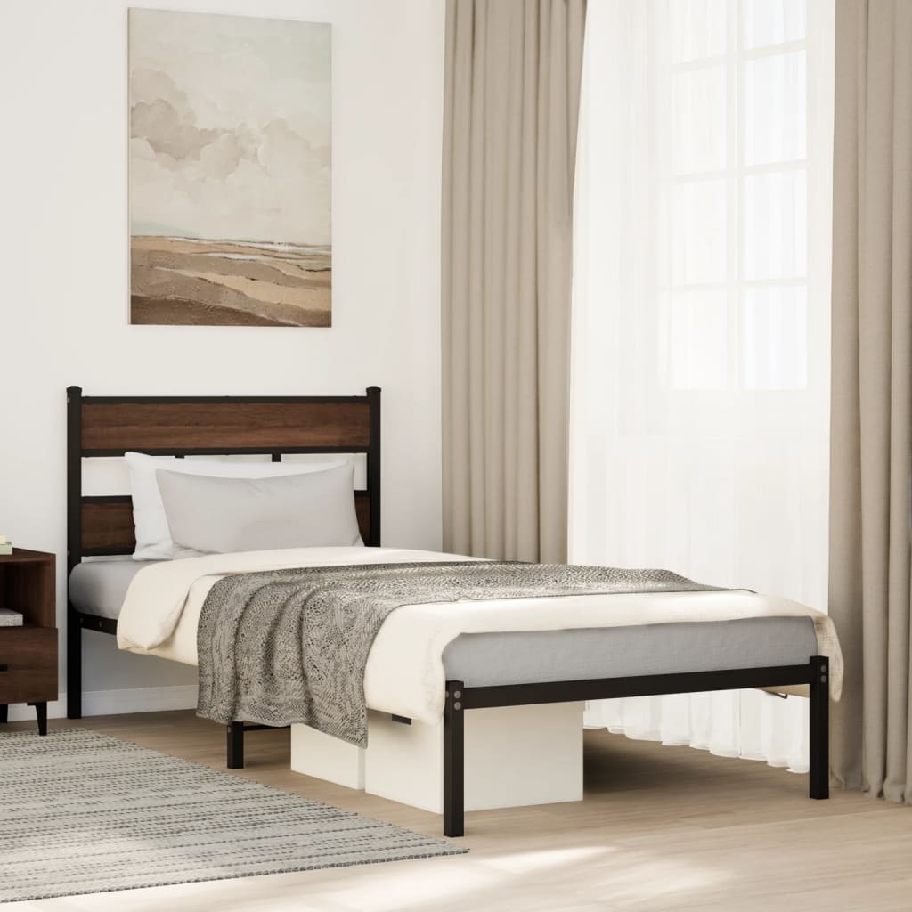 Brown Oak Bed Frame with Headboard, 100x200 cm, No Mattress