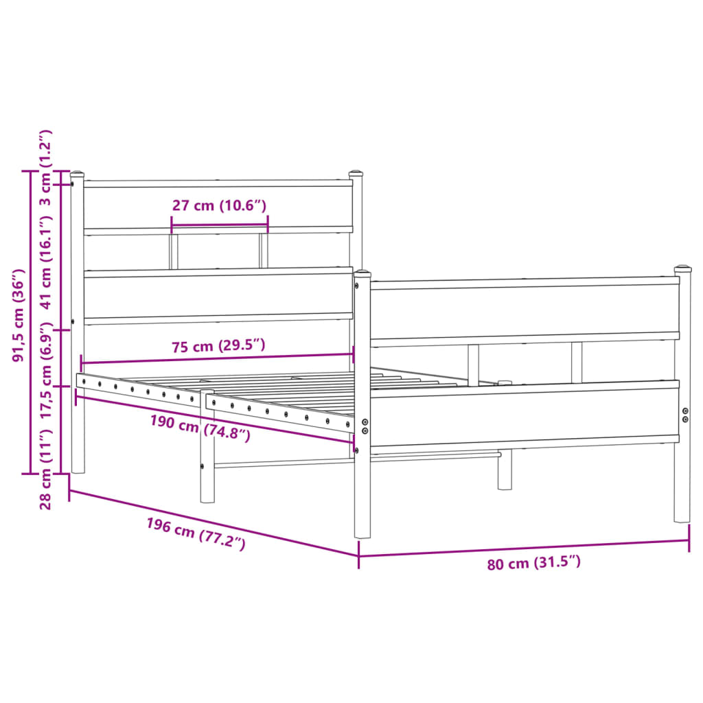 Metal Bed Frame with Headboard & Footboard, 75x190 cm, Black