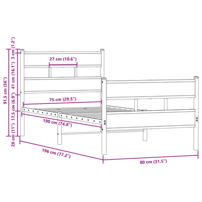Metal Bed Frame with Headboard & Footboard, 75x190 cm, Black