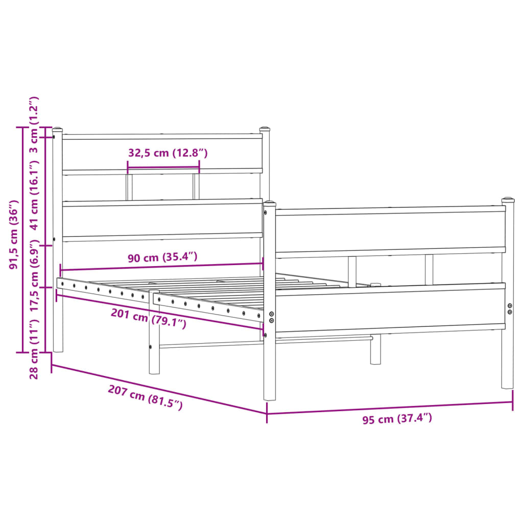 Wooden Bed Frame 90x200 cm with Headboard & Footboard - No Mattress