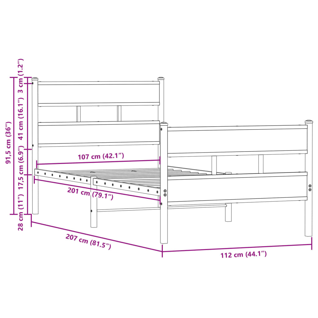 Sturdy Metal Bed Frame 107x203 cm with Headboard & Footboard