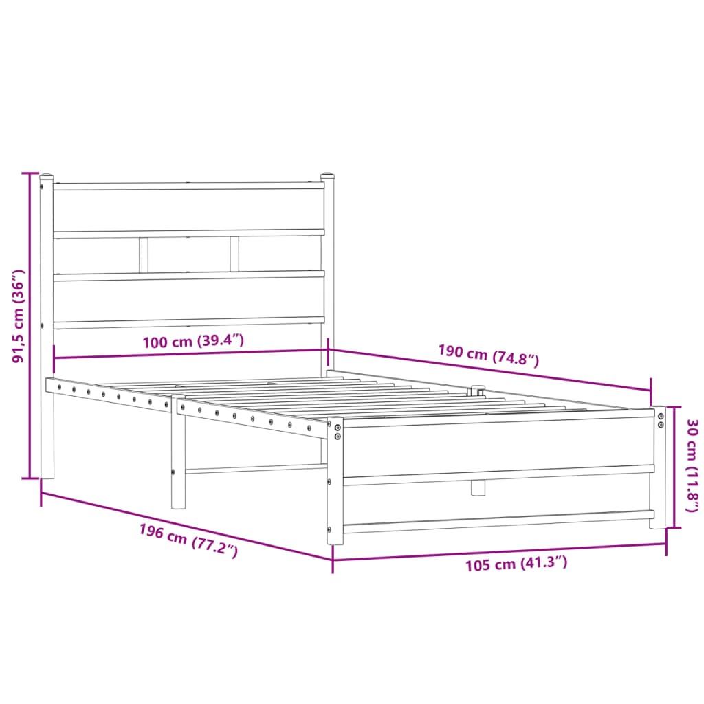Smoked Oak Metal Bed Frame 100x190 cm - Mattress Not Included