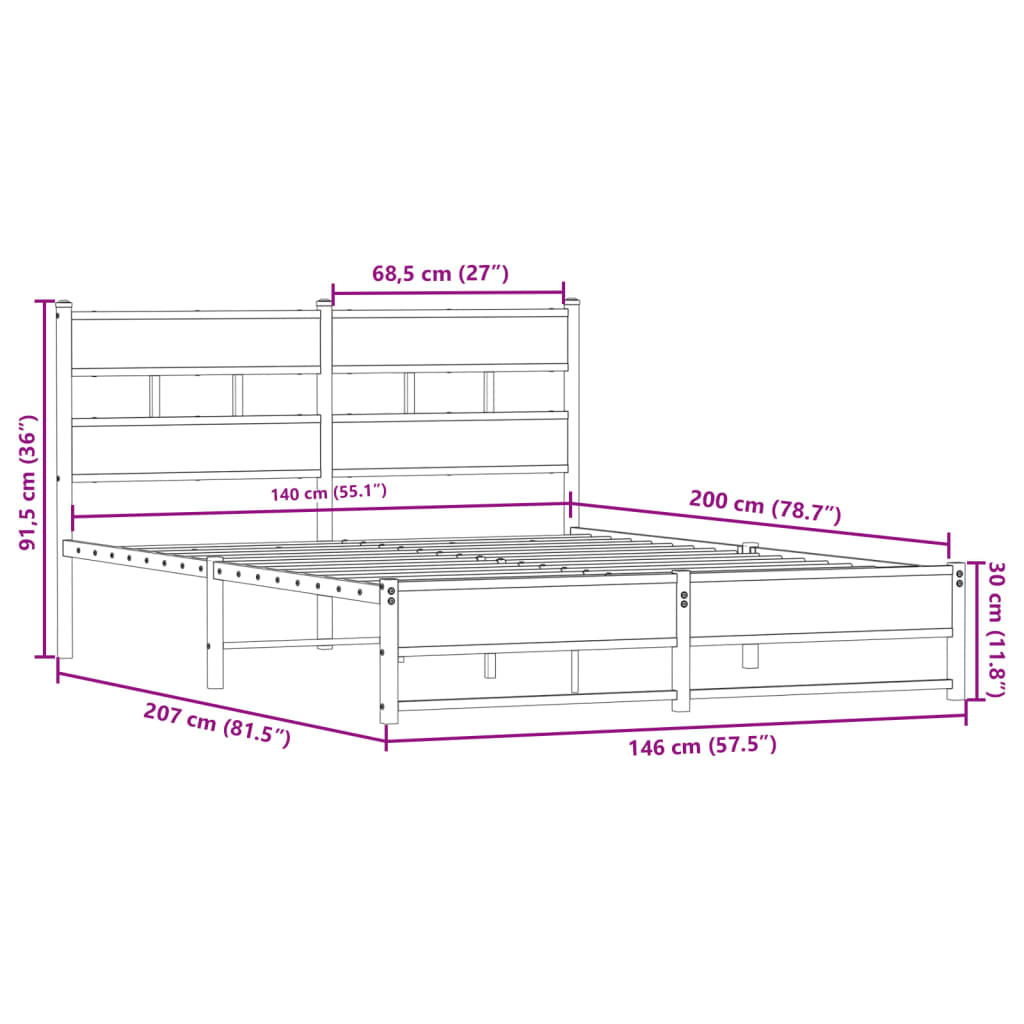 Metal Bed Frame without Mattress Smoked Oak 140x200 cm
