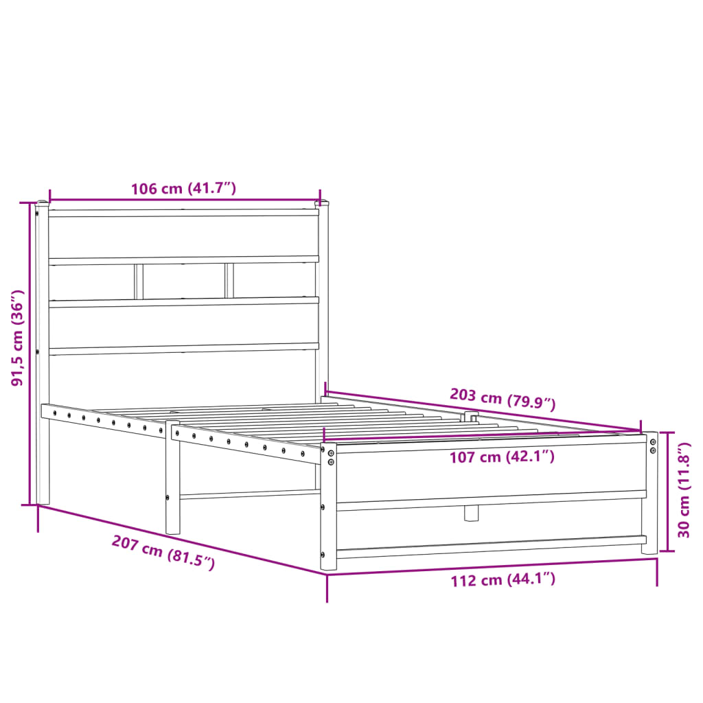 Sonoma Oak Metal Bed Frame 107x203 cm - No Mattress Included