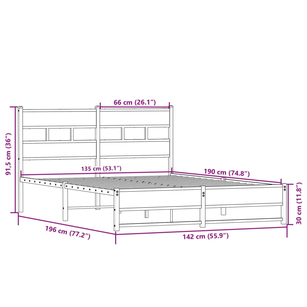 Metal Bed Frame without Mattress Sonoma Oak 135x190 cm Double