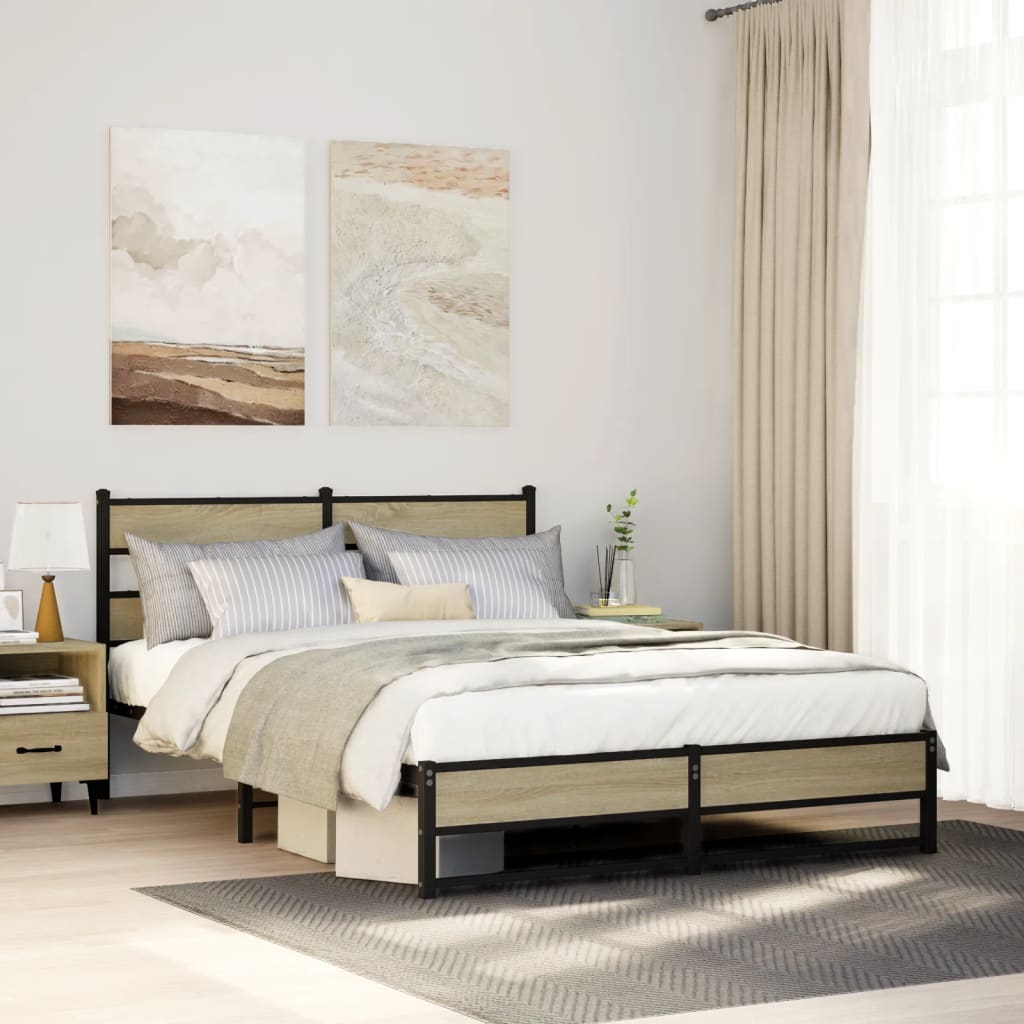 King Size Metal Bed Frame 150x200 cm, Sonoma Oak Finish